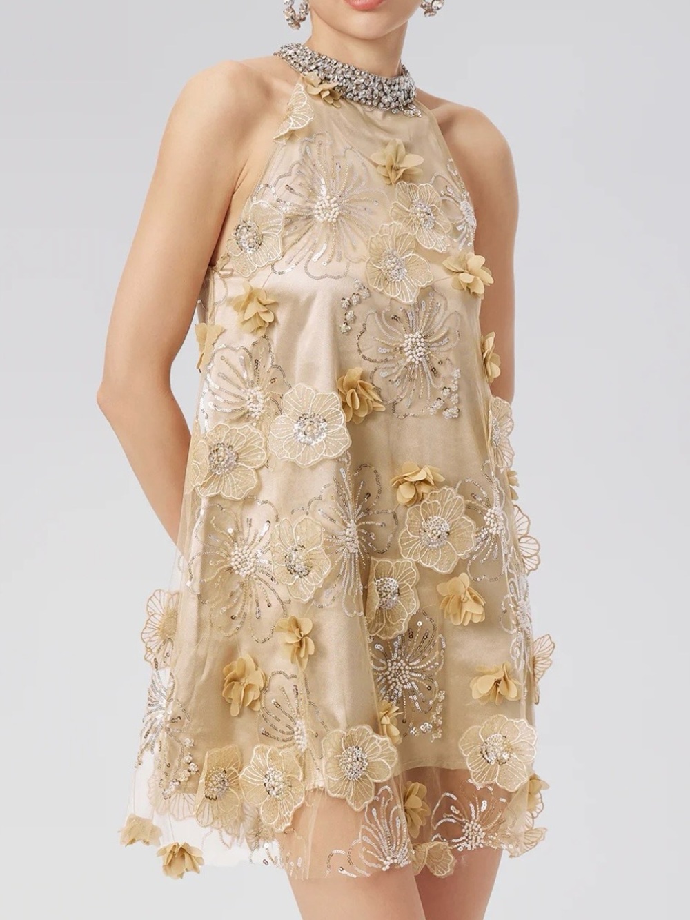 Rich Radi QS Embellished Halter Mini in Champagne